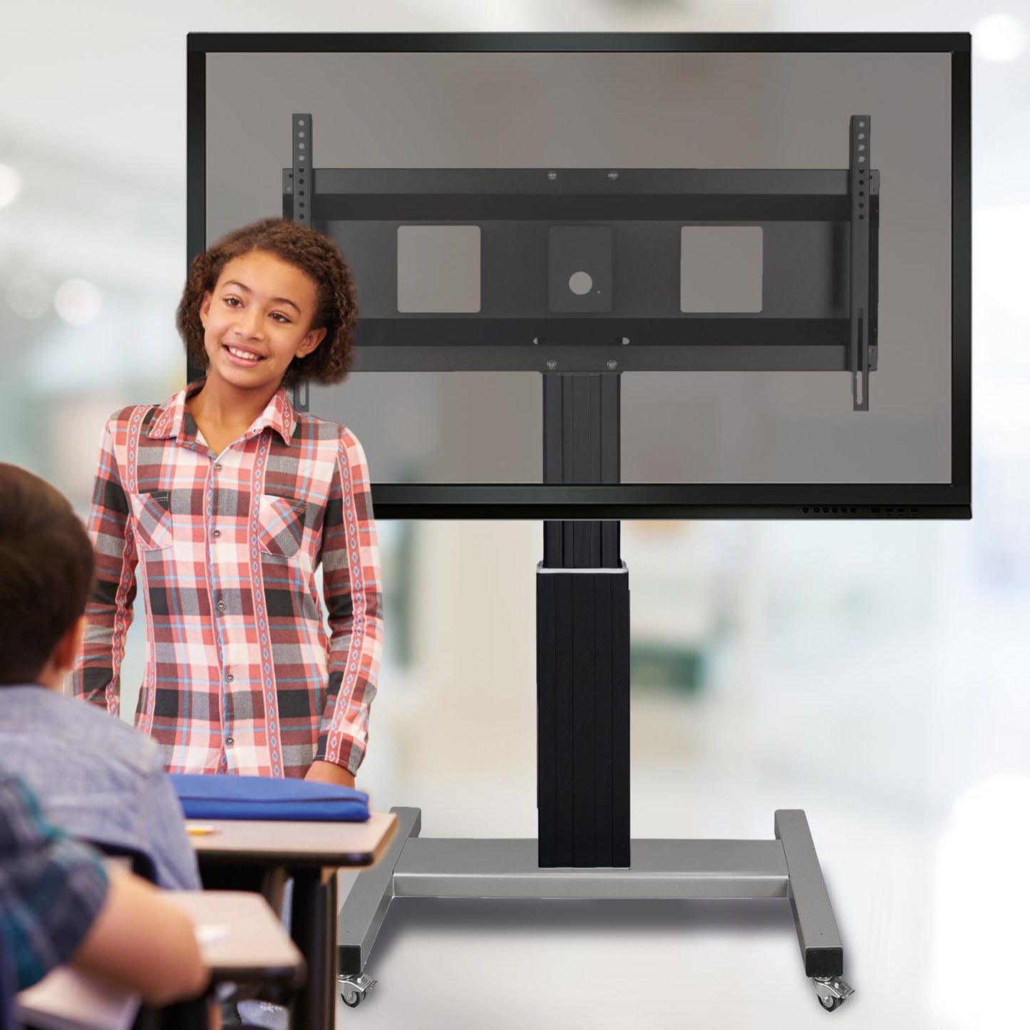 Conen SCEXLB Motorized Mobile Xl Flat Screen Tv & Monitor Cart, 50 Cm Of Vertical Travel Column Black Anodized, H-style Base