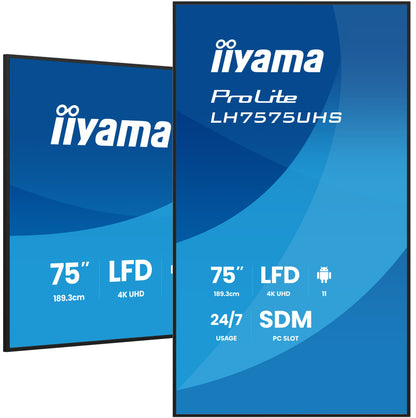 iiyama ProLite LH7575UHS-B2AG 75" 4K UHD Professional Digital Signage 24/7 display featuring Android OS, FailOver and Intel® SDM slot