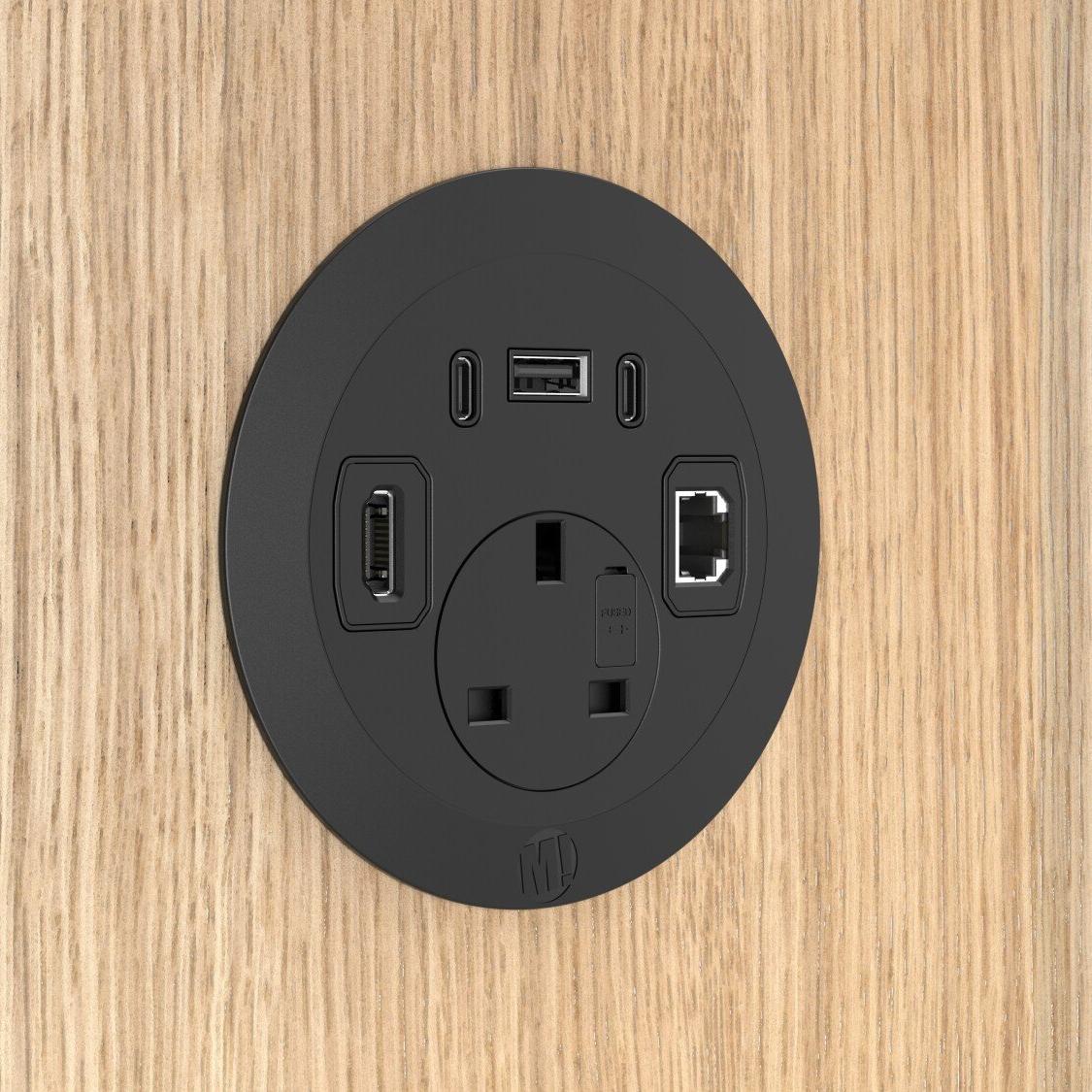 Metalicon S1-1P3C(1A/2C)1B1D Solo Plus In Desk Module, 1 Mains Power, 1 USB-A, 2 USB-C, 1 Ethernet Port, 1 Blank Insert