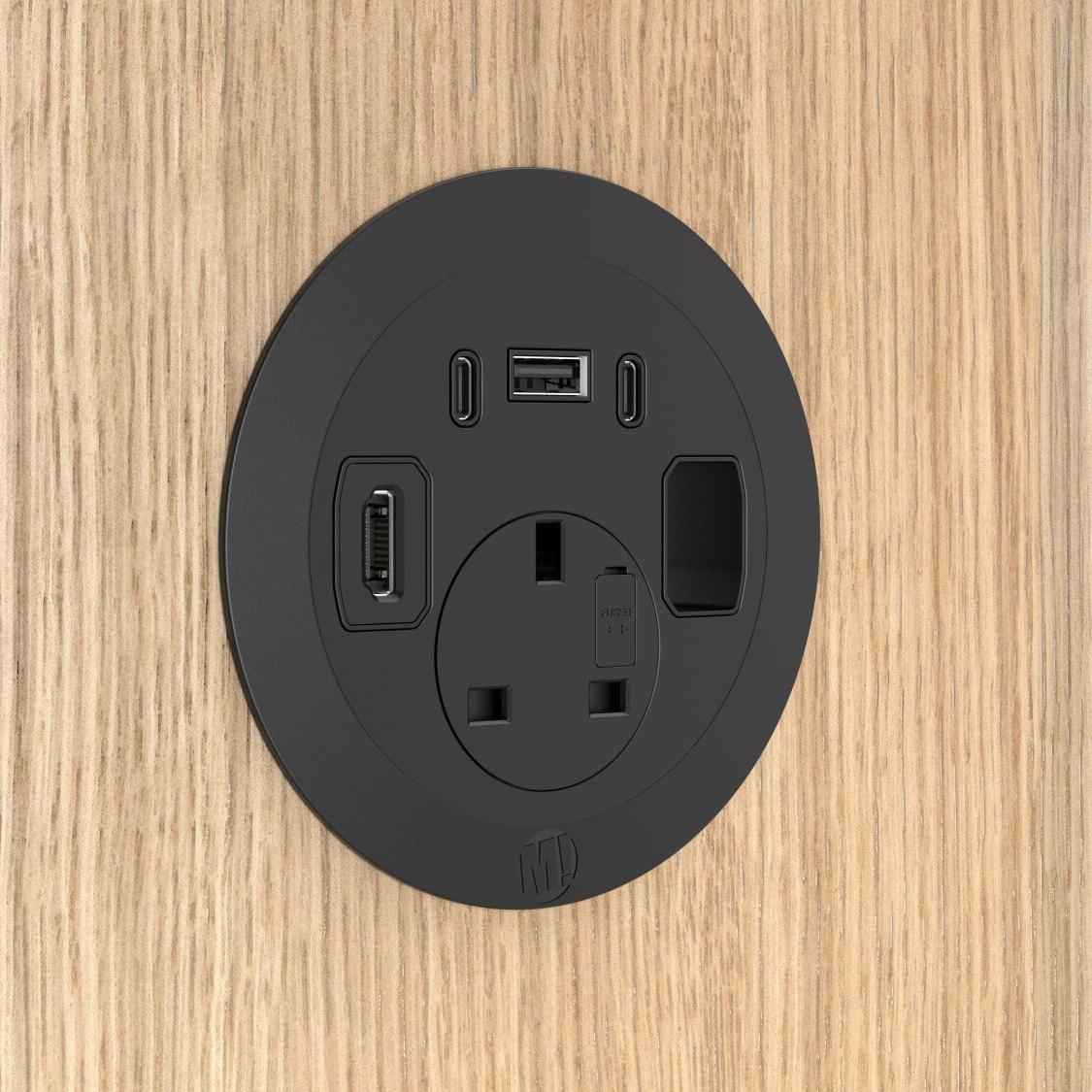 Metalicon S1-1P3C(1A/2C)1B1H-BK Solo Plus In Desk Module, 1 Mains Power, 1 USB-A, 2 USB-C, 1 Ethernet Port, 1 Blank Insert (Copy)