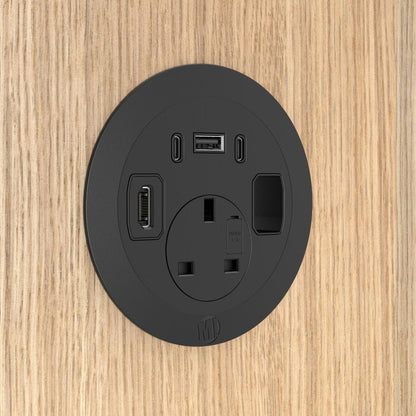 Metalicon S1-1P3C(1A/2C)1B1H-BK Solo Plus In Desk Module, 1 Mains Power, 1 USB-A, 2 USB-C, 1 Ethernet Port, 1 Blank Insert (Copy)