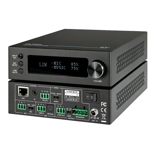 SY 2A-100W – 2×50W Power Amplifier (Mic + Line + Optical | RS232, IR, LAN Control)