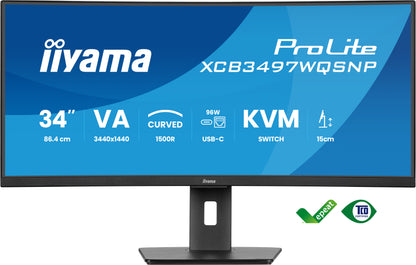 iiyama ProLite XCB3497WQSNP-B1 34’’ UWQHD Curved Monitor with USB-C dock, LAN, KVM switch