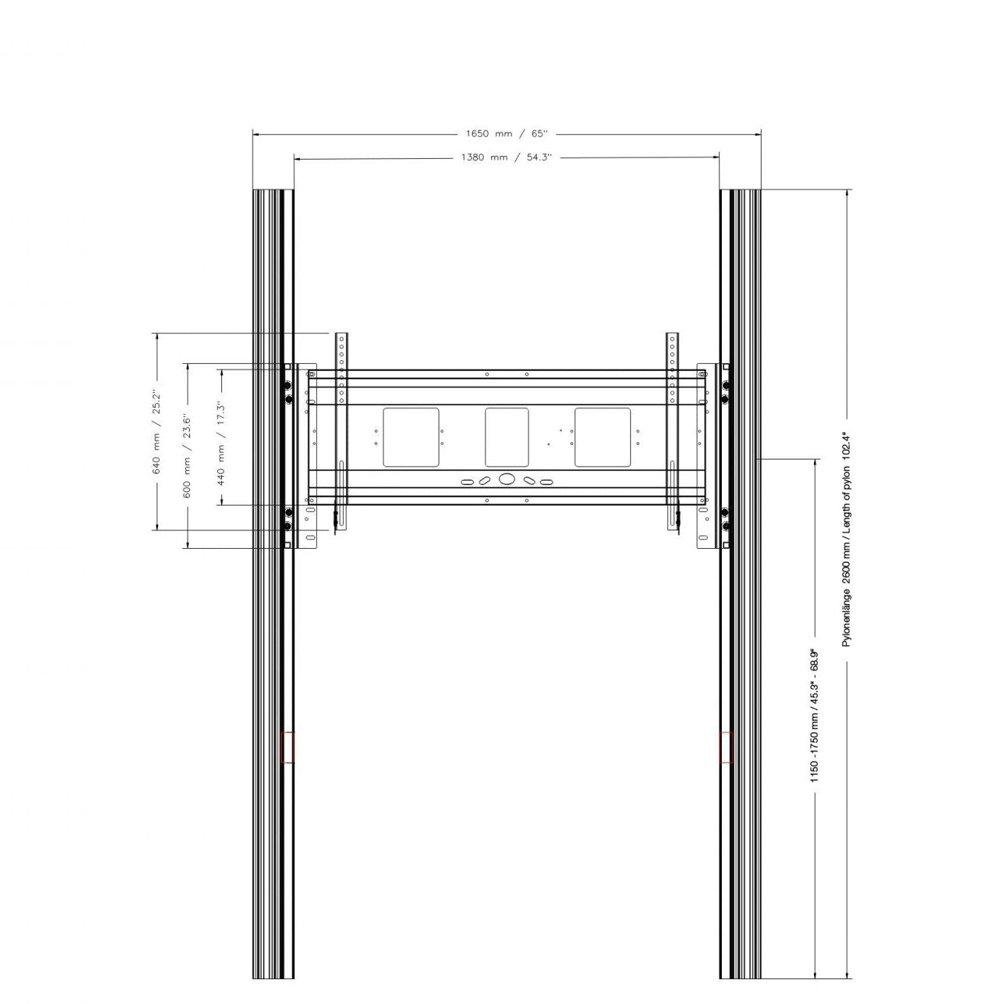 Conen PYF1-IFPD-W Wall Mounted 2 Pylon Sliding System For Displays From 65-86" Manually Height-adjustable With Pulley And Counter Weight
