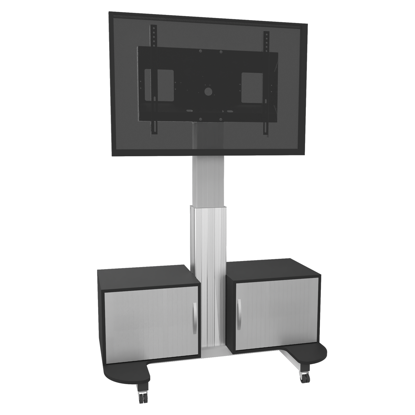 Conen SCETAU Mobile TV Cabinet – TV Stand With Mount, Electrically Height Adjustable 42 - 86 Inch Monitor Stand Silver Anodized, With Two Base Cabinets And Roller Blinds