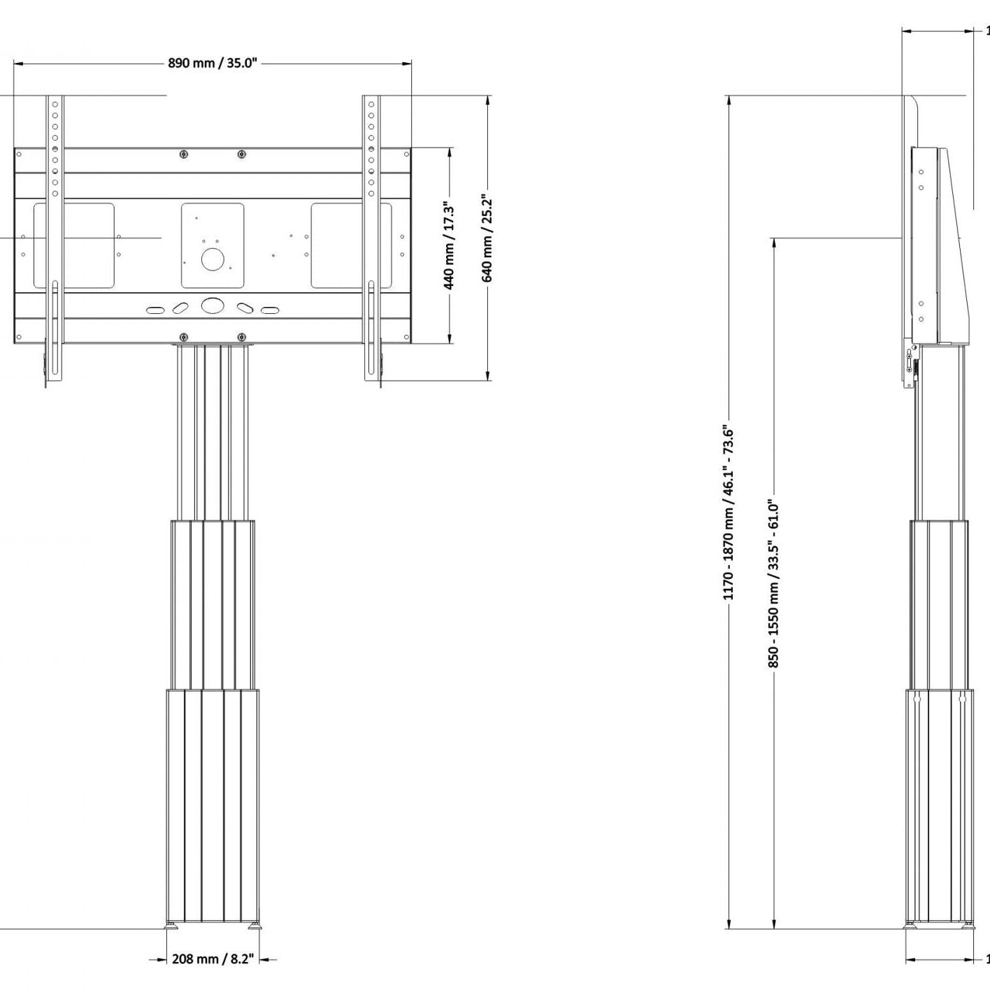 Conen SCETAW3535B Motorized Monitor Wall Mount, 70 Cm Of Vertical Travel Column Black Anodized